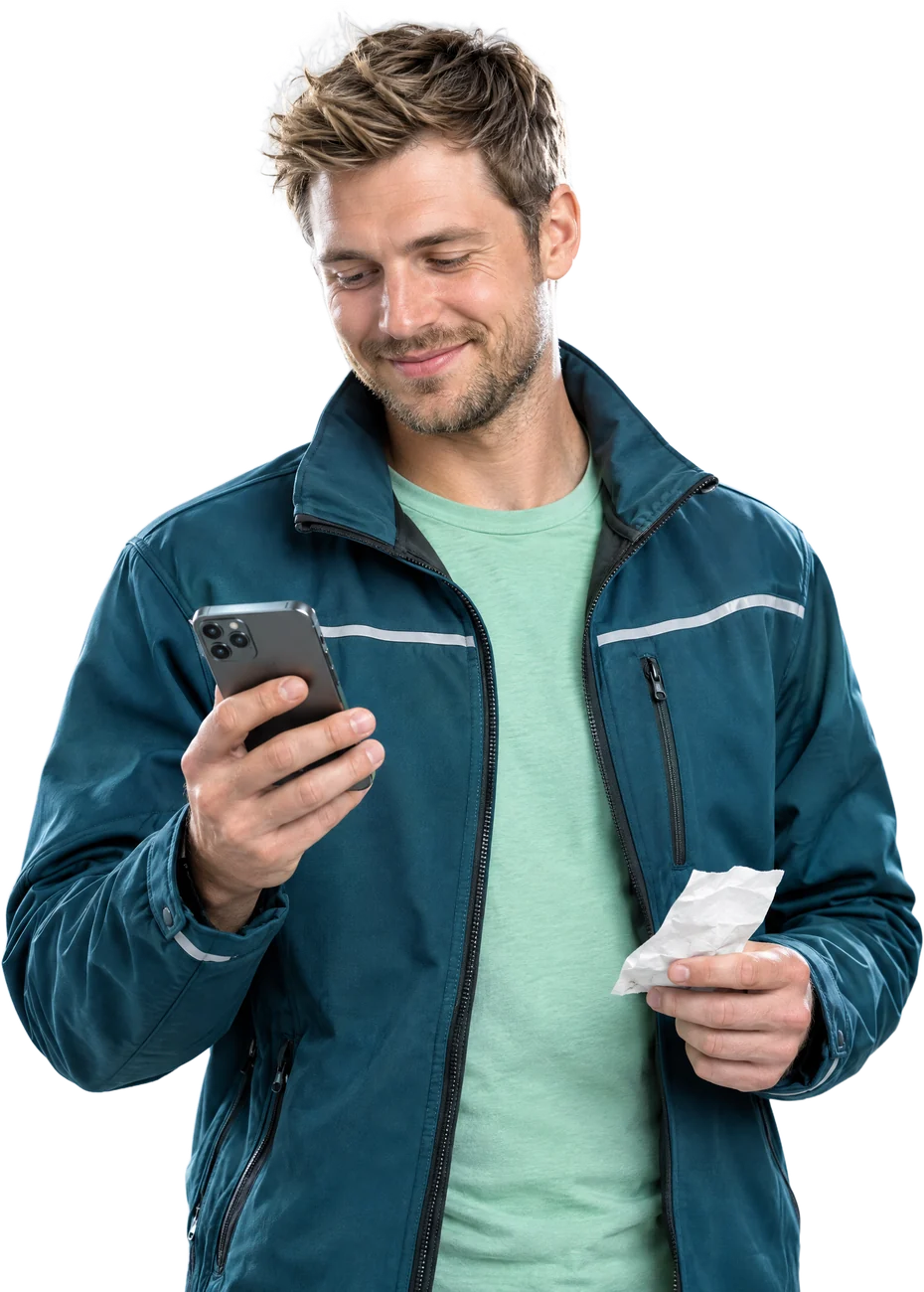 Handwerker schaut zufrieden auf sein Handy, in der anderen Hand einen Kassenzettel